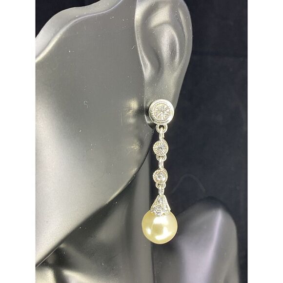 Dangle Drop Pierced Earrings Crystal & Faux Pearl Over Silver Plated - Picture 3 of 6